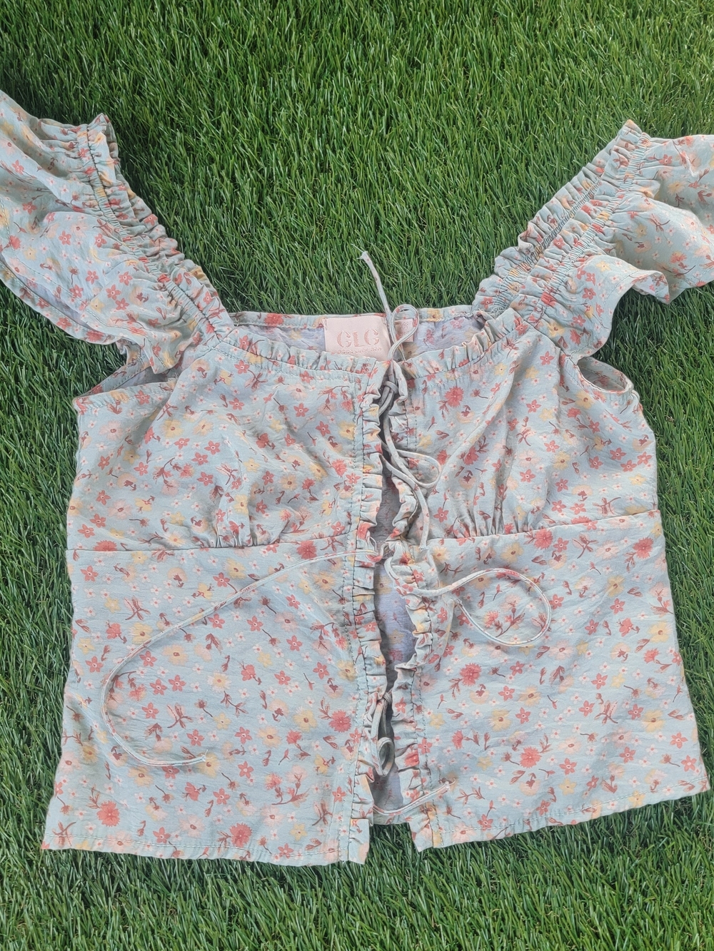 Good Luck Gem Light Mint Floral Ruffle Tie-Front Top XS